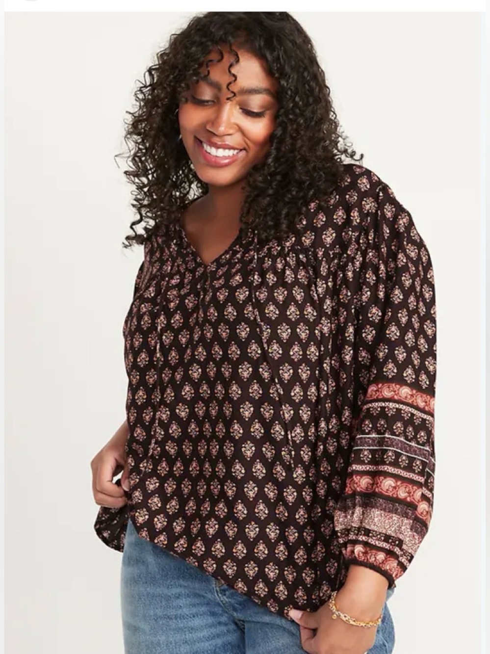 Old Navy Brown Boho Paisley Printed Poet Smocked Back Top XL